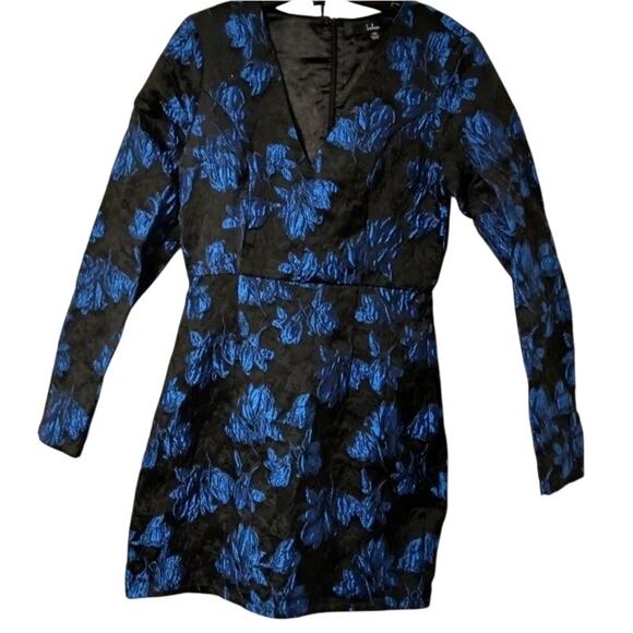 Lulus NEW Black Blue Lace Floral Jacquard Elegant Taste Cocktail Dress Large - Picture 6 of 11